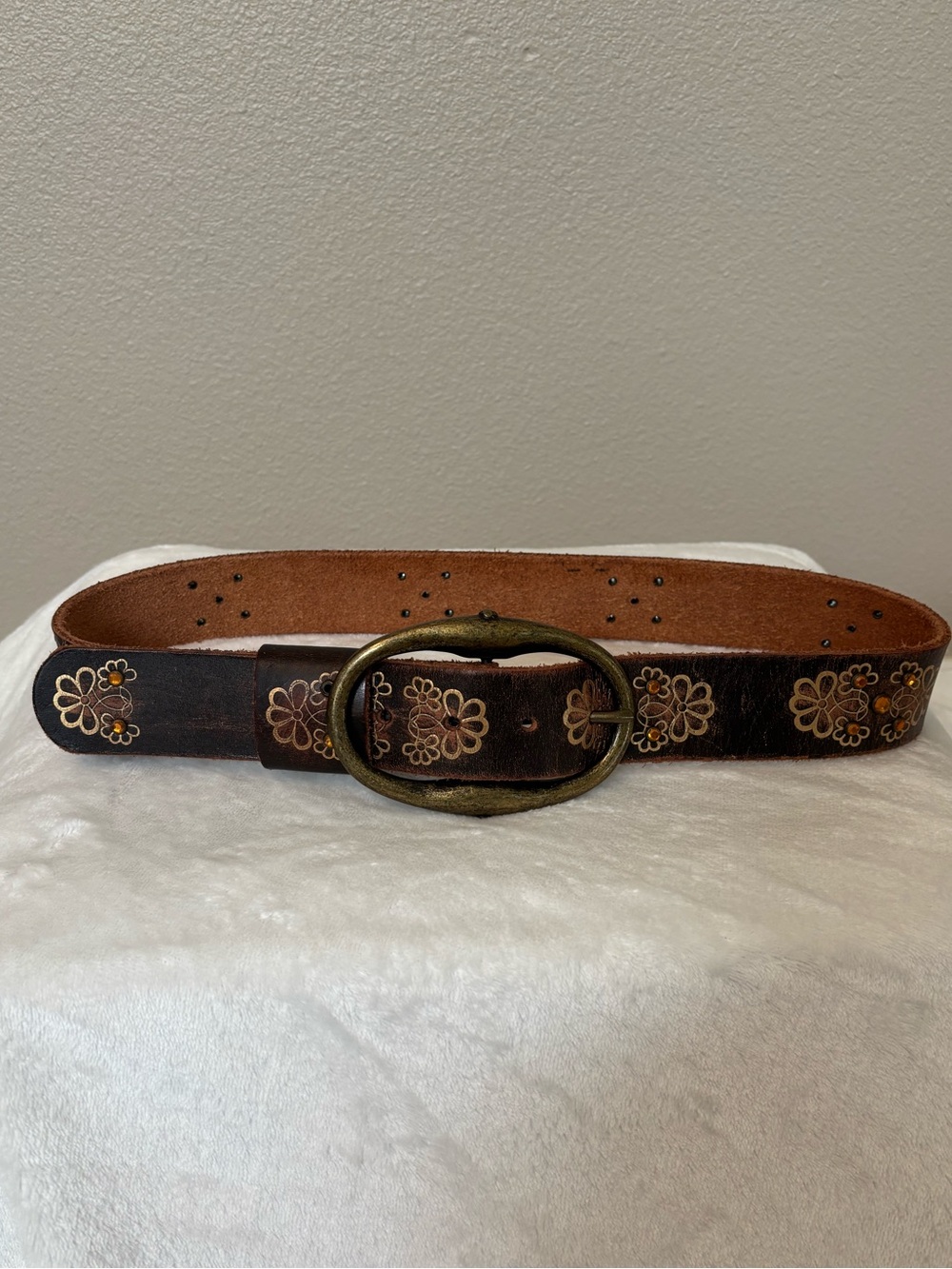 Olga Santini Brown Leather Floral Belt with Antique Brass Oval Buckle